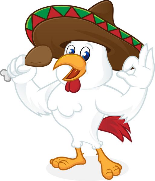 کارتون مرغ با سمبرو و برگ مرغ سرخ شده جدا شده در پس زمینه سفید