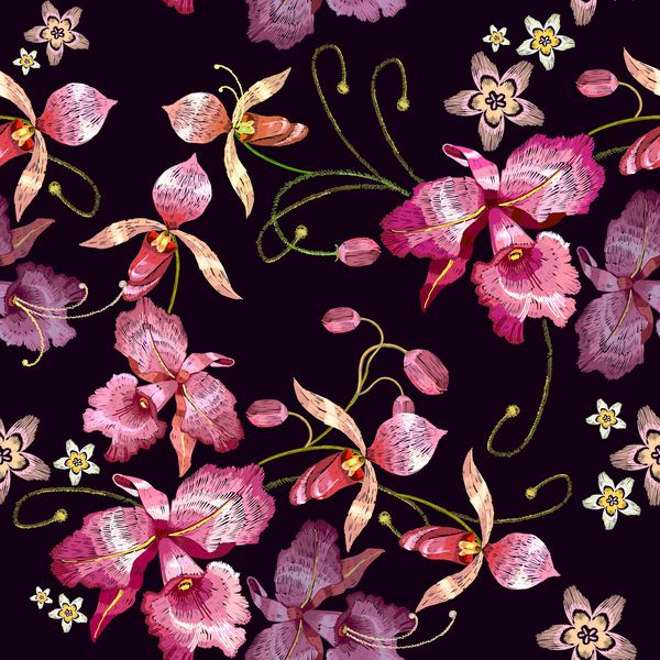 Orchids زیبا گرمسیری بهشت ​​گل قالب گلدوزی کلاسیک برای لباس بردار الگوی بدون درز گل ارکیده