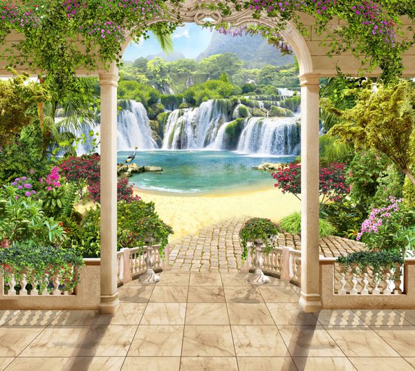 نقاشی دیجیتال تراس دوست داشتنی با منظره ای از آبشار و دریا گل ها آرک ها