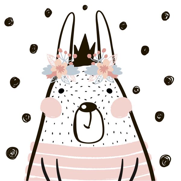 دختر خرگوش کارتونی ناز با تاج در سبک اسکاندیناوی چاپ کودکانه برای مهد کودک لباس بچه پوستر کارت پستال تصویر برداری