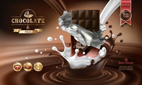 تصویر برداری واقعی 3D واقعی splashes از شکلات ذوب شده و شیر با نوار شکلات سقوط است پوستر تبلیغاتی عالی برای ترویج