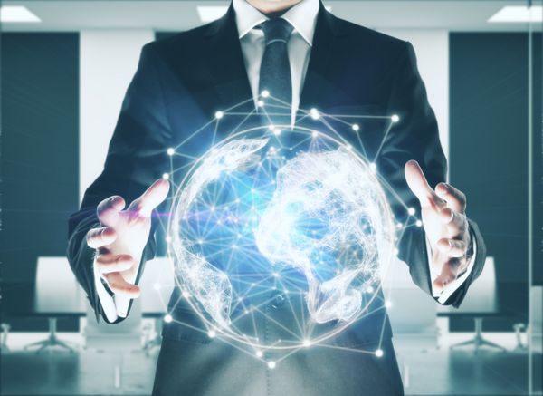 کسب و کار داشتن جهان دیجیتال انتزاعی در داخل دفتر دفتر تیز مفهوم شبکه جهانی رندر 3D