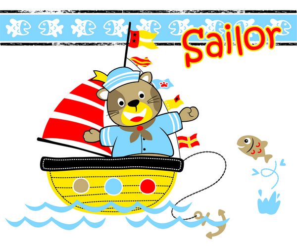 گربه ملوان در قایق بادبانی تصویر برداری کارتونی