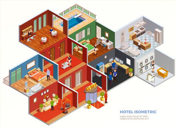 ترکیب ایزومتریک از اتاق های هتل طراحی داخلی با کارکنان و مهمانان بر روی کاغذ سفید بردار تصویر