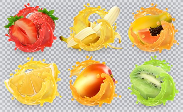 انبه موز میوه کیوی توت فرنگی لیمو آب پاپایا میوه های تازه و splashes 3D آیکون مجموعه ای واقع بینانه