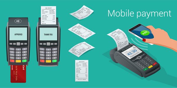 دستگاه پرداخت بردار و کارت اعتباری ترمینال POS تایید پرداخت با کارت اعتباری صورتحساب را تأیید می کند تصویر برداری در طراحی تخت مفهوم پرداخت NFC مفهوم پرداخت ایزومتریک NFC
