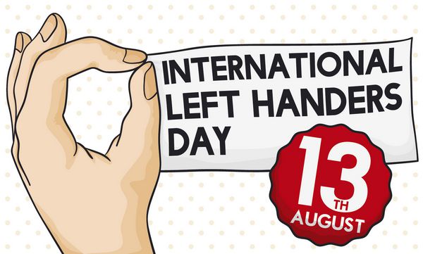 بنر با دست چپ دستگیره کاغذ تبریک و برچسب با تاریخ یادآوری برای جشن روز بین المللی چپ دستیار