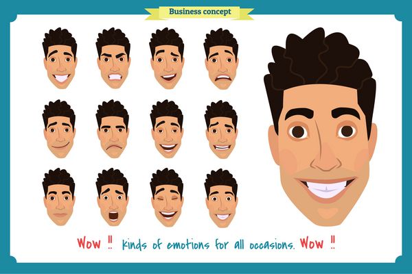 Set of male facial emotions young man emoji character with different expressions Vector illustration in cartoon stylePeople
