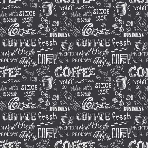 الگوی قهوه بدون درز دست کشیده شده و نشانه در پس زمینه سیاه و سفید تصویر برداری