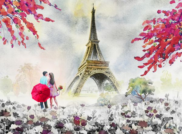 پاریس چشم انداز شهرستان اروپا فرانسه برج ایفل و عاشقان زن و شوهر مرد زن قرمز چتر هنر مدرن درختان باغ گل دیزی تصویر نقاشی آبرنگ عروسی روز تبریک