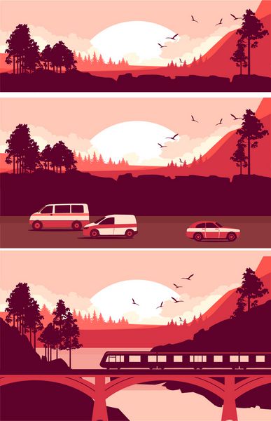 مجموعه ای از آگهی ها چشم انداز غروب آفتاب panoramic در یک منطقه کوهستانی انواع حمل و نقل برای سفر