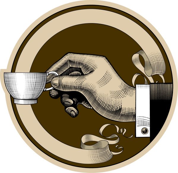 Round brown retro coffee and tea label with ribbon and man