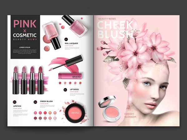 قالب مجله آرایشی رمانتیک مجموعه صورتی محصولات را با پرتره مدل تزئین گل می کند در تصویر 3d مجله یا کاتالوگ کاتالوگ برای استفاده های طراحی