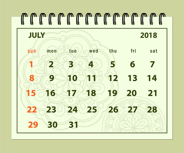 تقویم ماه ژوئیه سال 2018 در پس زمینه ماندالا طرح افقی صفحه افقی سال مارپیچ مارپیچ سال 2018 زبان انگلیسی یکشنبه یکشنبه شروع می شود eps 10