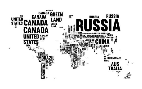 نقشه جهانی تایپوگرافی ساخته شده از نام هر کشور در سیاه و سفید است مفهوم طراحی متن آبی با قاره اشکال EPS10 بردار