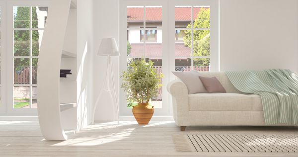 ایده اتاق سفید با مبل و چشم انداز تابستانی در پنجره طراحی داخلی اسکاندیناوی تصویر 3D
