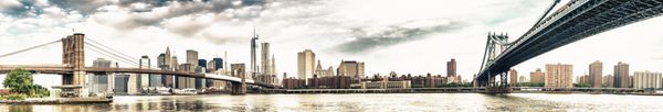 شهر نیویورک نمایش پانورامای خیره کننده از پل بروکلین و منهتن با خط افقی