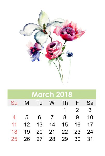تقویم تزئینی برای سال 2018 مارس تصویر آبرنگ
