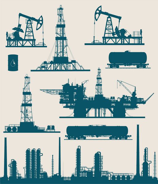 مجموعه ای از عناصر عناصر صنعت نفت و گاز پالایشگاه نفت دریای افریقا و زمین های حفاری نفت پمپاژ و مخازن راه آهن تصویر برداری