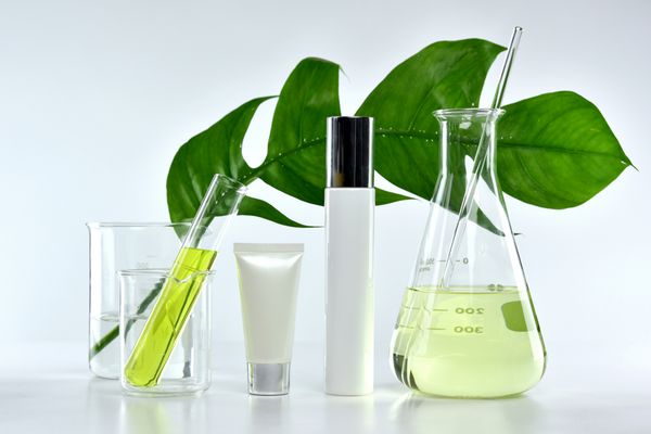ظروف بطری آرایشی با برگ های سبز گیاهی و ظروف شیشه ای علمی بسته بندی برچسب های خالی بسته بندی برای مدل های مارکدار تحقیق و توسعه محصول زیبایی طبیعی آلی محصولات مفهومی محصول