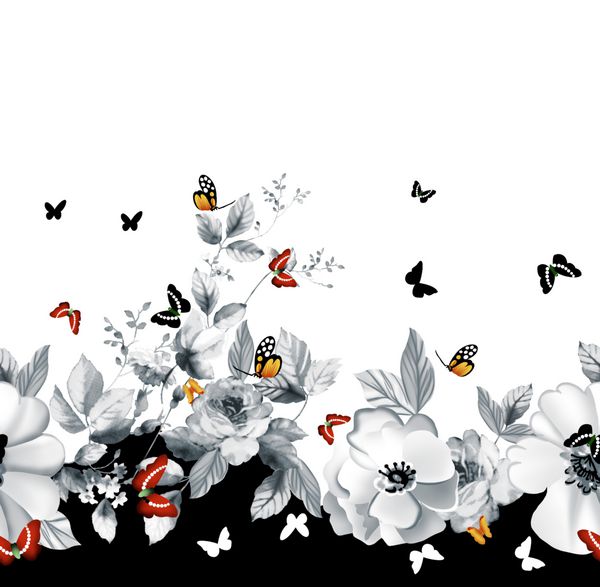 الگوی بدون درز فراموش من نیست گل و پروانه پروانه دکوراسیون با گل های آبی شکوفایی پس زمینه سفید آبرنگ دست کشیده شده تصویر