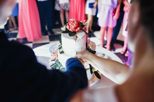 Newlyweds یک کیک عروسی را بریده است