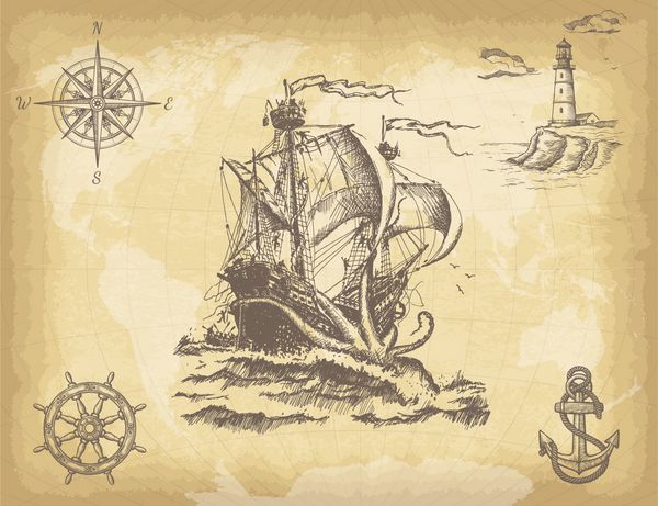 چکیده دست کشیده پس زمینه با کشتی پرنعمت پرنعمت قطب نما فانوس دریایی چرخ کشتی لنگر و نقشه جهان بر روی بافت کاغذ قدیمی الگو برای کارهای طراحی شما تصویر برداری