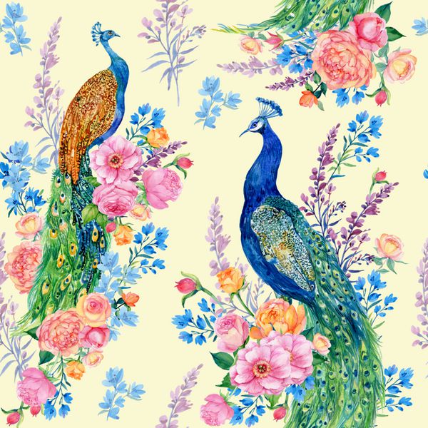 الگوی بدون درز برای چاپ پارچه مد نساجی کاغذ دیواری پرندگان زیبا طاووس و گل ها تصویر آبرنگ