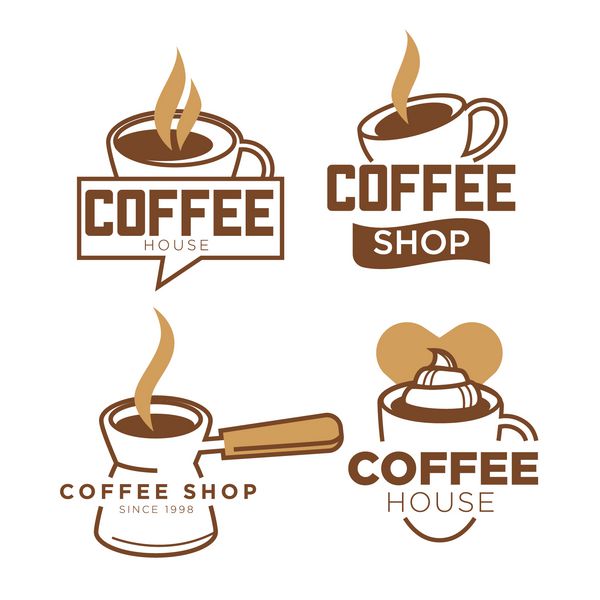 کافه قهوه فنجان و کاپوچینو قلب آیکون های وکتور قالب برای کافه