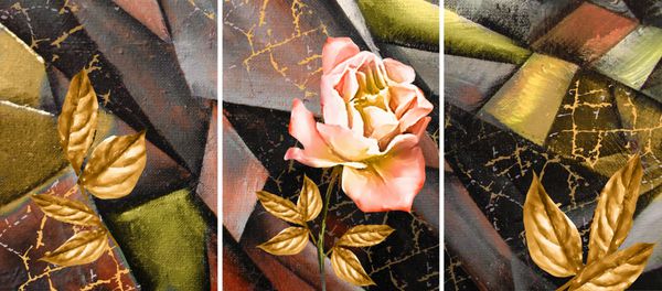 نقاشی نقاشی دست نقاشی شده triptych با گل رز پس زمینه چکیده هنر بر روی بوم بافت در مدرن داخلی هنر معاصر کرک طلا