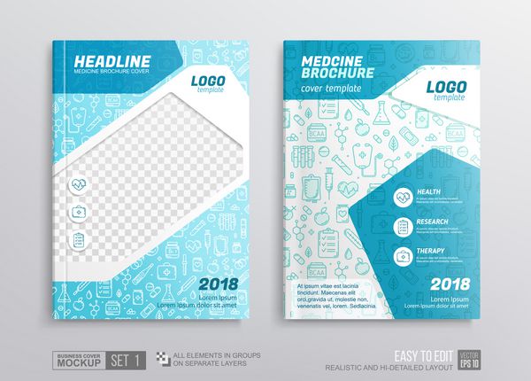 بروشور پزشکی بروشور پوشش Mockup طراحی گرافیک هندسی آبی و سفید بر روی پوشش با آیکون های پزشکی مفهوم هویت شرکت برای مرکز پزشکی و راهنمای داروسازی