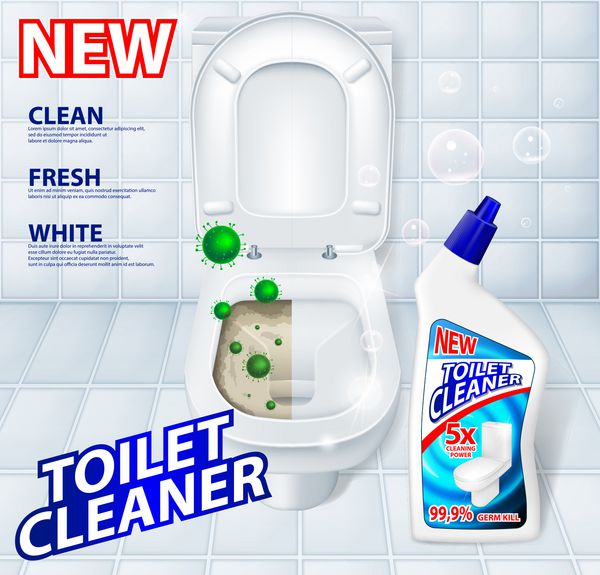 ضد باکتری توالت پوستر پاک کننده شوینده شامل میکروب های سبز و حباب های صابون ژل تمیز کننده توالت واقع بینانه بسته بندی پلاستیکی 3D بردار تصویر