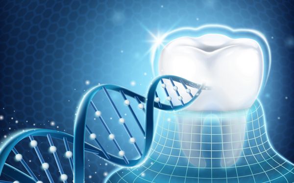 عنصر طراحی دندانپزشکی دندان محافظت شده توسط کت نامرئی و ساختار DNA در تصویر 3d