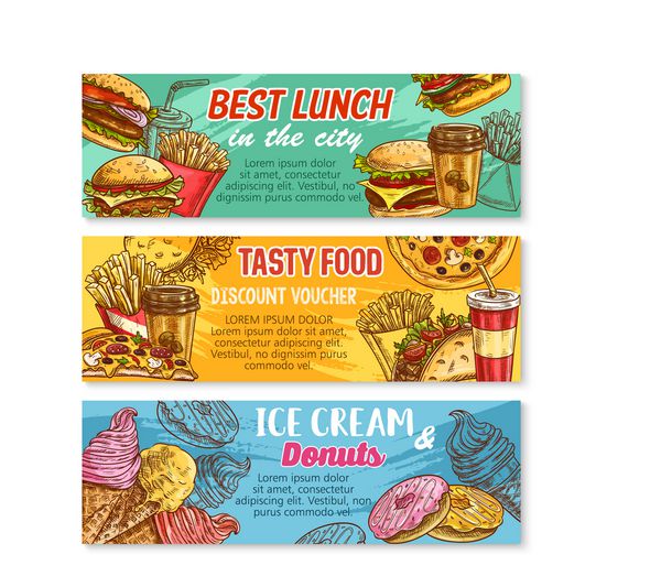 آگهی های طرح فست فود برای منو رستوران فست فود مجموعه ای از مجموعه ای از چیسربورگ سگ یا سرخ شده و ناهار ساندویچ همبرگر و نوشیدنی قهوه یا نوشابه و دسر کیک یا کیک دونات