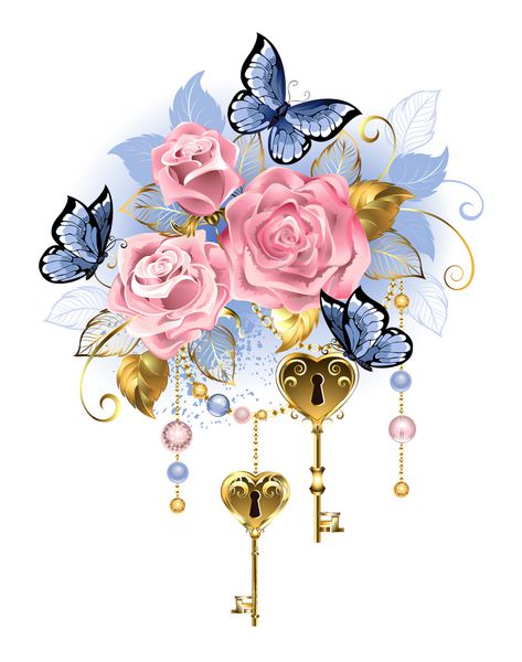 کلید های طلایی عتیقه با گل رز صورتی برگ های طلایی و پروانه های آبی در پس زمینه سفید