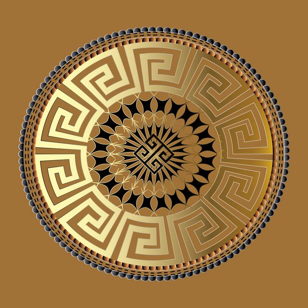 ماندالا زیور آلات هندسی باستانی الگوی بردار طلای سیاه پس زمینه ماندگار ماندال 3 عتیقه با زیور آلات کلیدی یونانی طراحی تزئینی آیکون گرافیکی بافت انتزاعی هندسی