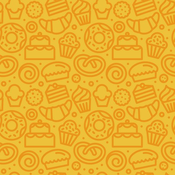 الگوی بدون درز یکپارچه با آیکون های خطی و تصاویر مربوط به نانوایی کافی نت فروشگاه کیک کوچک کاغذ بسته بندی کاغذ بسته بندی و طراحی پس زمینه در رنگ های زرد