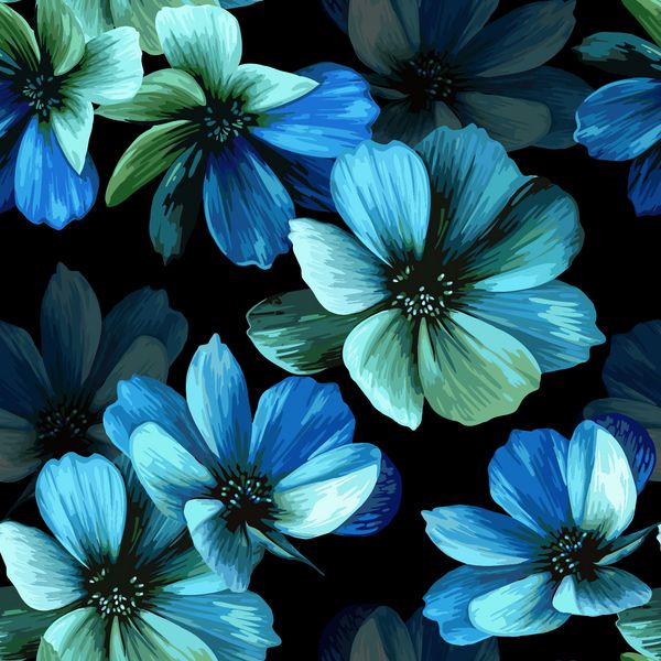 الگوی بدون درز عجیب و غریب با گل های آبی زیبا در یک پس زمینه سیاه و سفید