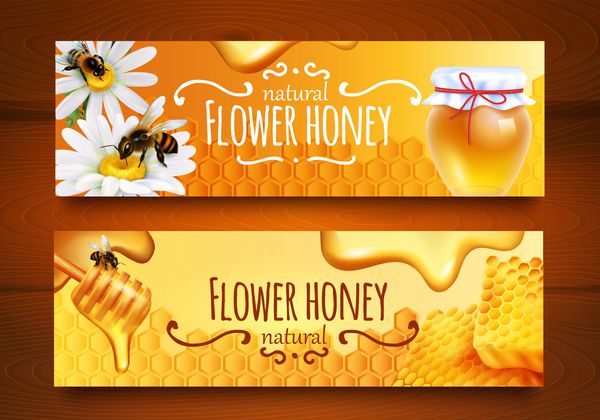 آگهی بردار واقع بینانه با زنبور عسل شانه و گلدان پر از عسل گل طبیعی جدا شده بر روی زمینه سفید بروشور چوبی تصویر زمینه