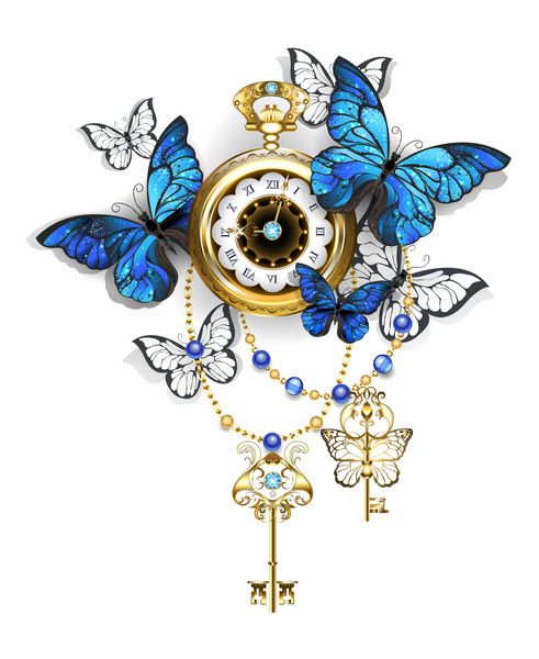 ساعت های عتیقه ای با پروانه های آبی و سفید مورفو و کلید های طلایی در پس زمینه سفید