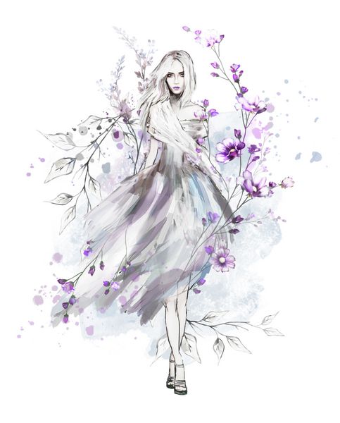 زن زیبای کامل در لباس با مو نقاشی آبرنگ رنگ چلپ چلوپ تصویر با عناصر گیاهی برگ گل مد چاپ فانتزی