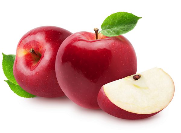 سیب های جداگانه دو میوه سیب قرمز و صورتی با برش جدا شده بر روی سفید با مسیر قطع