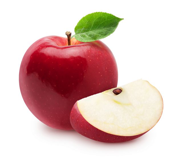 سیب های جداگانه میوه سیب کاملا صورتی و صورتی با برش جدا شده بر روی سفید با مسیر قطع