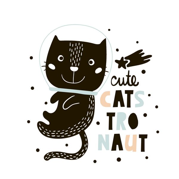 گربه ناز در چاپ فضایی تصویر بردار کودکانه در سبک اسکاندیناوی ایده آل برای طراحی لباس کودکان و بچه ها هنر دیوار پوستر