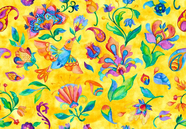 آبرنگ Paisley الگوی گل کاشی گل فلور لاله فازن پرنده دست نقاشی سنتی شرقی دست رنگ نقاشی آب نازک رنگ بدون درز رنگ برای طراحی را رنگ آمیزی کرد خلاصه هند پس زمینه باتیک
