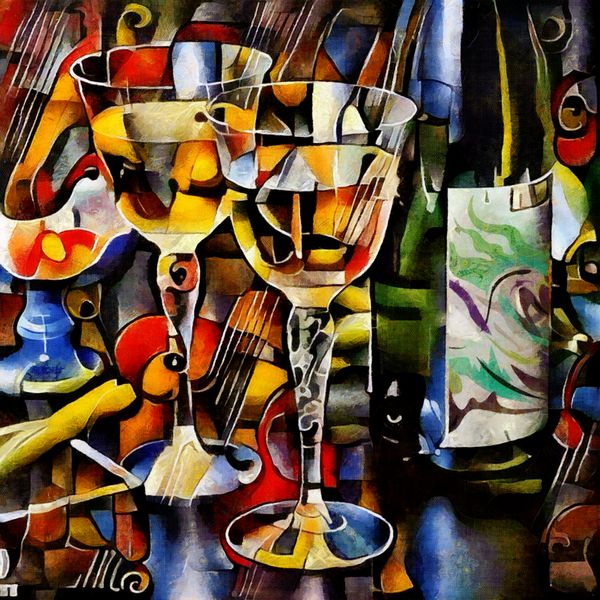 تم ها در سبک کوبیسم بطری عینک و انگور بر روی میز اعداد در روغن بر روی بوم با عناصر نقاشی استیل
