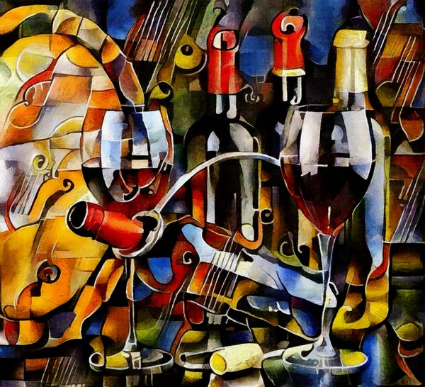 تم ها در سبک کوبیسم بطری عینک و انگور بر روی میز اعداد در روغن بر روی بوم با عناصر نقاشی استیل