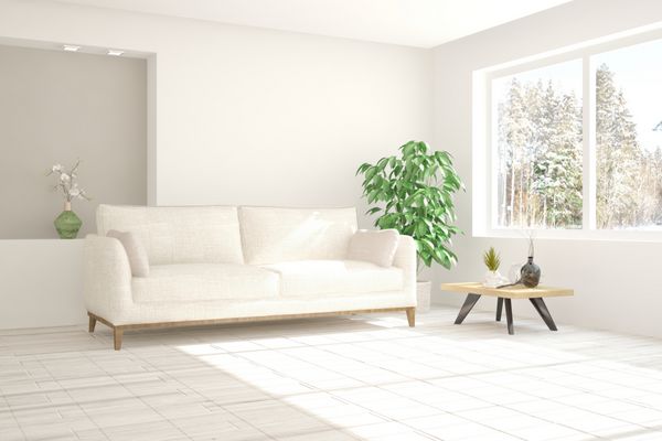 اتاق سفید با مبل و چشم انداز زمستانی در پنجره طراحی داخلی اسکاندیناوی تصویر 3D