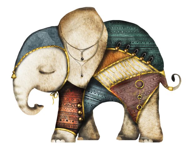تصویر آبرنگ فیل هند حیوانات قومی زیور آلات قبیله ای می تواند برای پارچه مورد چاپ استفاده می شود جدا شده بر روی زمینه سفید