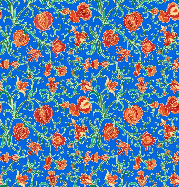 الگوی بدون درز با گل های گلدار با میوه های گل انار و گل در پس زمینه آبی